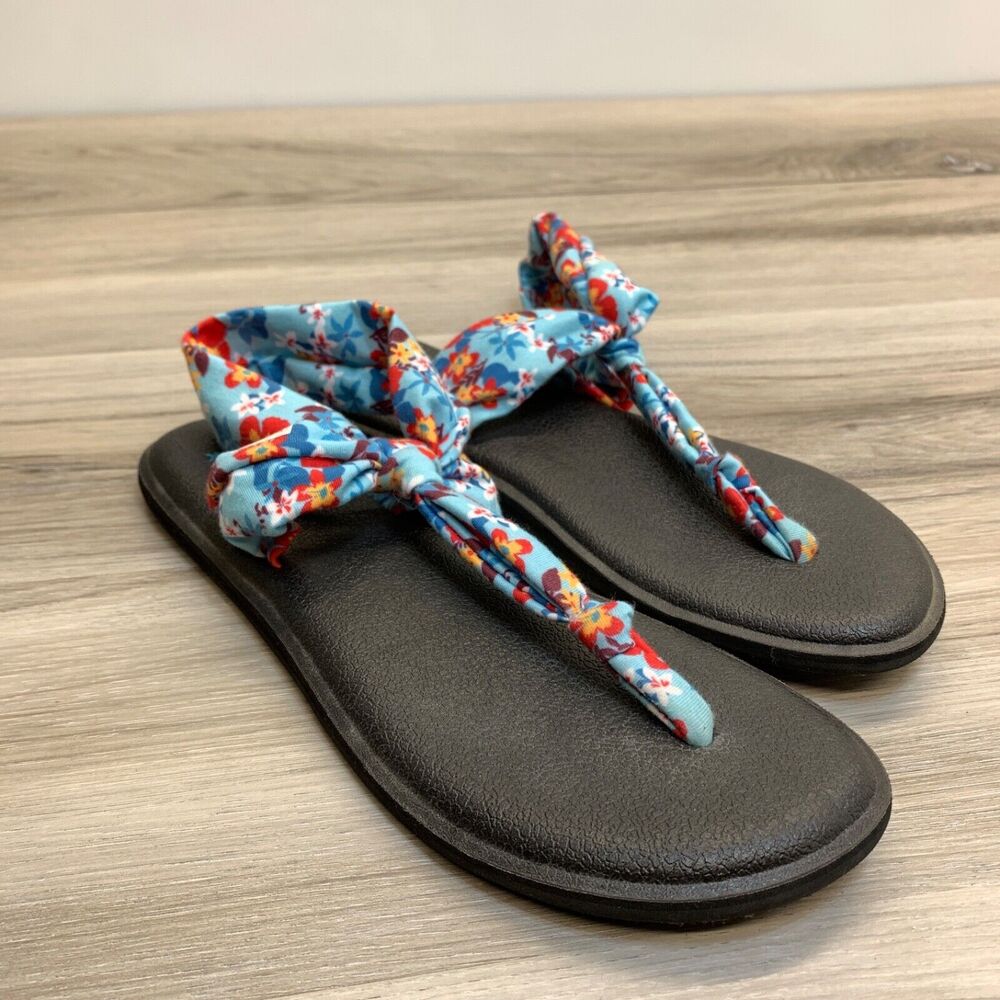 Sanuk Yoga‎ Mat Sling Flip Flop Thong Sandals Size 8 Blue Floral EU 39
